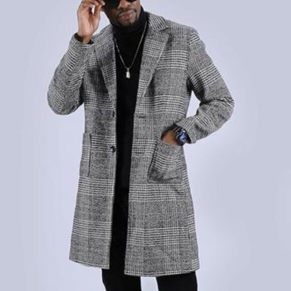 Mens Winter Trench Coat Notched Collar Single Breasted Plaid Mid Long Dark Grey - Picture 6 of 10